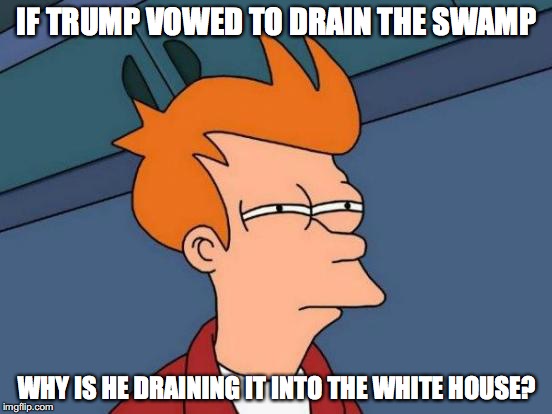 Draining the Swamp BS | IF TRUMP VOWED TO DRAIN THE SWAMP; WHY IS HE DRAINING IT INTO THE WHITE HOUSE? | image tagged in memes,futurama fry,donald trump | made w/ Imgflip meme maker