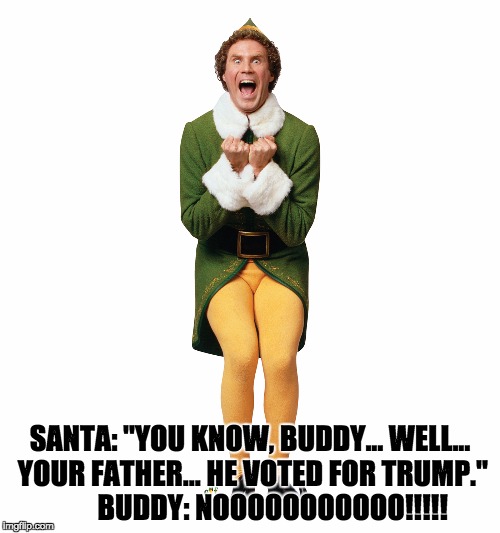 Will Ferrell Elf | SANTA: "YOU KNOW, BUDDY... WELL... YOUR FATHER... HE VOTED FOR TRUMP." 





 BUDDY: NOOOOOOOOOOO!!!!! | image tagged in will ferrell elf | made w/ Imgflip meme maker