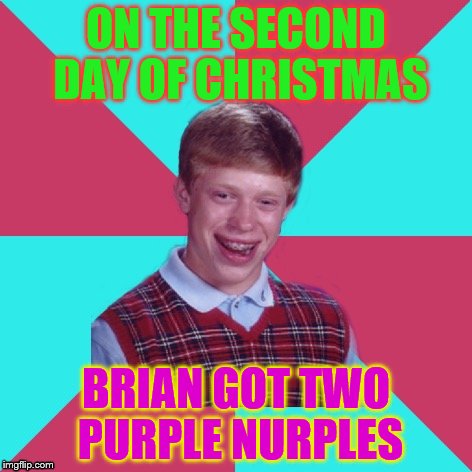 Bad Luck Brian Music Twelve Days of Christmas Edition | ON THE SECOND DAY OF CHRISTMAS; BRIAN GOT TWO PURPLE NURPLES | image tagged in bad luck brian music | made w/ Imgflip meme maker