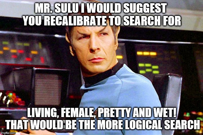 MR. SULU I WOULD SUGGEST YOU RECALIBRATE TO SEARCH FOR; LIVING, FEMALE, PRETTY AND WET! THAT WOULD BE THE MORE LOGICAL SEARCH | image tagged in spock | made w/ Imgflip meme maker