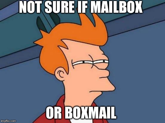 Futurama Fry | NOT SURE IF MAILBOX; OR BOXMAIL | image tagged in memes,futurama fry | made w/ Imgflip meme maker