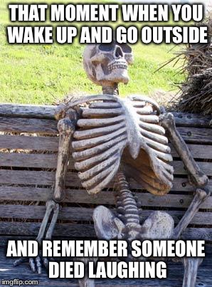 Waiting Skeleton Meme | THAT MOMENT WHEN YOU WAKE UP AND GO OUTSIDE; AND REMEMBER SOMEONE DIED LAUGHING | image tagged in memes,waiting skeleton | made w/ Imgflip meme maker