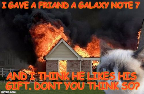 Grumpy Cat And The Galaxy Note 7 Gift | I GAVE A FRIAND A GALAXY NOTE 7; AND I THINK HE LIKES HIS GIFT. DONT YOU THINK SO? | image tagged in memes,burn kitty,grumpy cat,galaxy note 7,samsung note7,note 7 | made w/ Imgflip meme maker