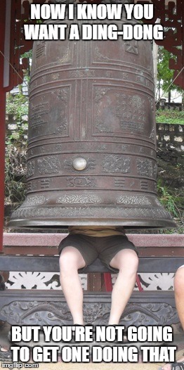 Giant Bell | NOW I KNOW YOU WANT A DING-DONG; BUT YOU'RE NOT GOING TO GET ONE DOING THAT | image tagged in meme,memes,ding dong,funny memes,funny meme,bell | made w/ Imgflip meme maker
