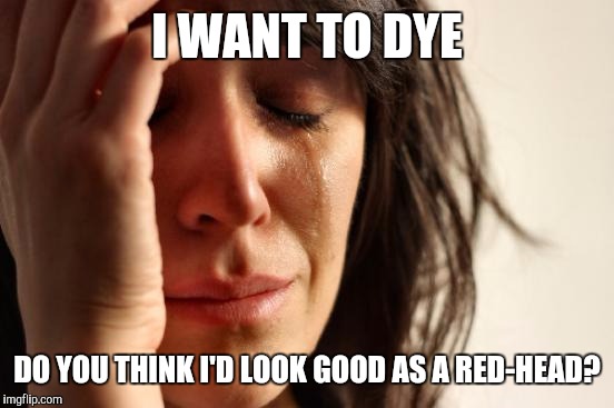 First World Problems Meme | I WANT TO DYE; DO YOU THINK I'D LOOK GOOD AS A RED-HEAD? | image tagged in memes,first world problems | made w/ Imgflip meme maker