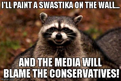 Evil Plotting Raccoon Meme | I'LL PAINT A SWASTIKA ON THE WALL... AND THE MEDIA WILL BLAME THE CONSERVATIVES! | image tagged in memes,evil plotting raccoon | made w/ Imgflip meme maker