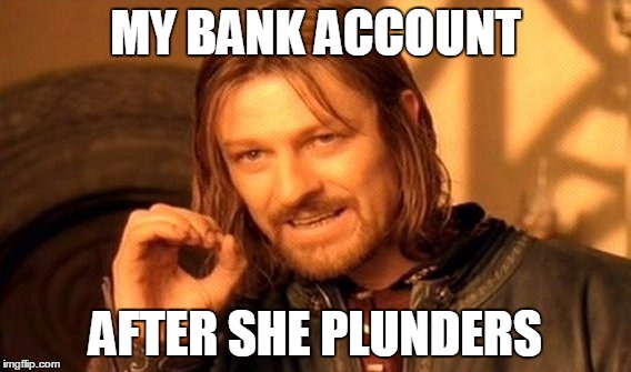 Lorrie's Lustrous Loot | MY BANK ACCOUNT; AFTER SHE PLUNDERS | image tagged in memes,one does not simply | made w/ Imgflip meme maker