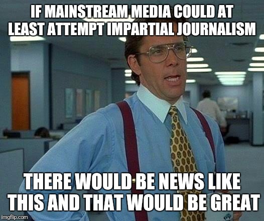 That Would Be Great Meme | IF MAINSTREAM MEDIA COULD AT LEAST ATTEMPT IMPARTIAL JOURNALISM THERE WOULD BE NEWS LIKE THIS AND THAT WOULD BE GREAT | image tagged in memes,that would be great | made w/ Imgflip meme maker