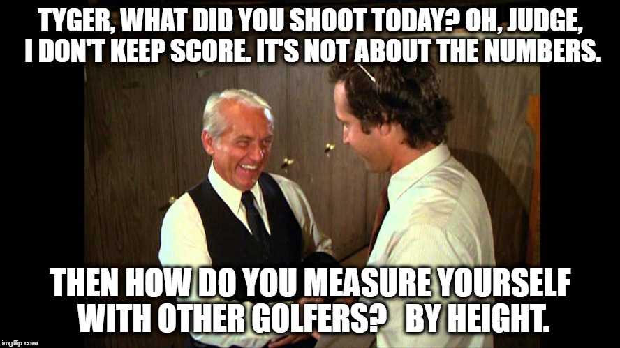 Tiger Woods Caddyshack | TYGER, WHAT DID YOU SHOOT TODAY? OH, JUDGE, I DON'T KEEP SCORE. IT'S NOT ABOUT THE NUMBERS. THEN HOW DO YOU MEASURE YOURSELF WITH OTHER GOLFERS?   BY HEIGHT. | image tagged in caddyshack,tiger woods,judge smails,ty webb,golf,pga tour | made w/ Imgflip meme maker