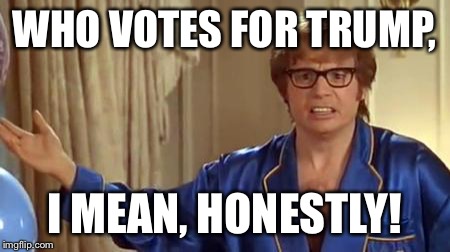 Austin Powers Honestly | WHO VOTES FOR TRUMP, I MEAN, HONESTLY! | image tagged in memes,austin powers honestly | made w/ Imgflip meme maker