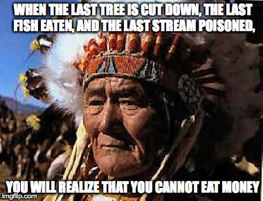 indians | WHEN THE LAST TREE IS CUT DOWN, THE LAST FISH EATEN, AND THE LAST STREAM POISONED, YOU WILL REALIZE THAT YOU CANNOT EAT MONEY | image tagged in indians | made w/ Imgflip meme maker