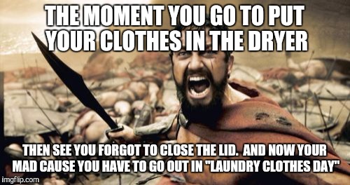 Sparta Leonidas Meme | THE MOMENT YOU GO TO PUT YOUR CLOTHES IN THE DRYER; THEN SEE YOU FORGOT TO CLOSE THE LID.  AND NOW YOUR MAD CAUSE YOU HAVE TO GO OUT IN "LAUNDRY CLOTHES DAY" | image tagged in memes,sparta leonidas | made w/ Imgflip meme maker