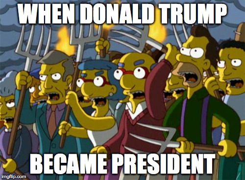 Simpsons Mob | WHEN DONALD TRUMP; BECAME PRESIDENT | image tagged in simpsons mob | made w/ Imgflip meme maker
