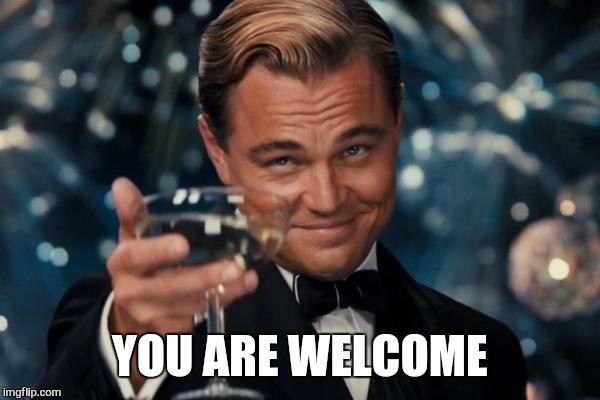 Leonardo Dicaprio Cheers Meme | YOU ARE WELCOME | image tagged in memes,leonardo dicaprio cheers | made w/ Imgflip meme maker