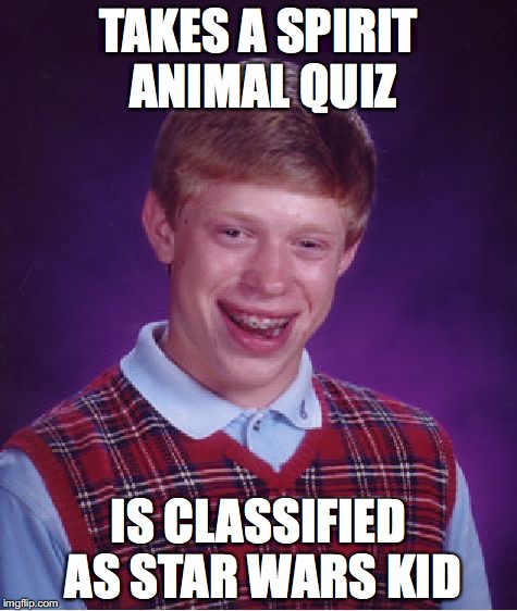 Bad Luck Brian | TAKES A SPIRIT ANIMAL QUIZ; IS CLASSIFIED AS STAR WARS KID | image tagged in memes,bad luck brian | made w/ Imgflip meme maker
