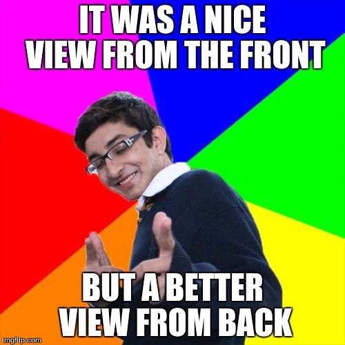 Subtle Pickup Liner | IT WAS A NICE VIEW FROM THE FRONT; BUT A BETTER VIEW FROM BACK | image tagged in memes,subtle pickup liner | made w/ Imgflip meme maker