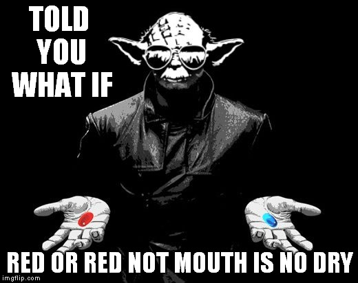 900th submission! | TOLD YOU WHAT IF; RED OR RED NOT MOUTH IS NO DRY | image tagged in yoda wisdom,matrix morpheus offer,memestrocity | made w/ Imgflip meme maker