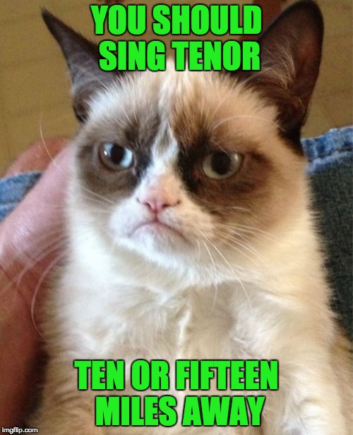 Everyone can sing! :D As long as it's ten or fifteen miles away from me. | YOU SHOULD SING TENOR; TEN OR FIFTEEN MILES AWAY | image tagged in memes,grumpy cat | made w/ Imgflip meme maker