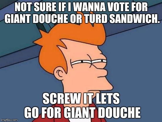 Futurama Fry | NOT SURE IF I WANNA VOTE FOR GIANT DOUCHE OR TURD SANDWICH. SCREW IT LETS GO FOR GIANT DOUCHE | image tagged in memes,futurama fry | made w/ Imgflip meme maker