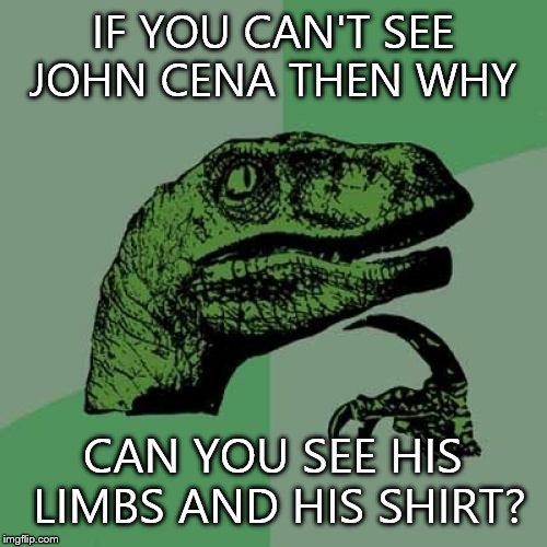 Philosoraptor Meme | IF YOU CAN'T SEE JOHN CENA THEN WHY; CAN YOU SEE HIS LIMBS AND HIS SHIRT? | image tagged in memes,philosoraptor | made w/ Imgflip meme maker