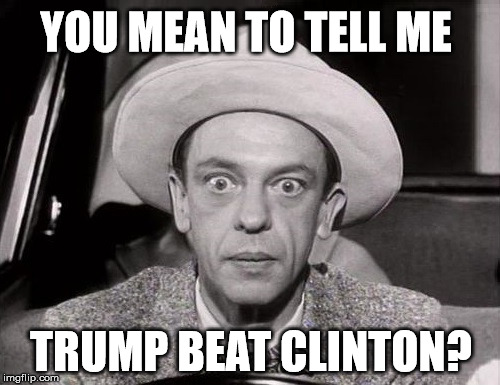 Trump Beat Clinton? | YOU MEAN TO TELL ME; TRUMP BEAT CLINTON? | image tagged in don knotts wide-eyed stare,don,knotts,trump,election,stare | made w/ Imgflip meme maker