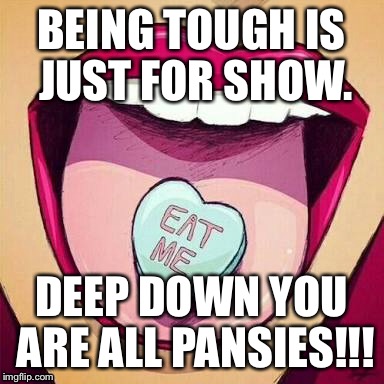 BEING TOUGH IS JUST FOR SHOW. DEEP DOWN YOU ARE ALL PANSIES!!! | image tagged in memes | made w/ Imgflip meme maker