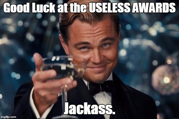 Leonardo Dicaprio Cheers Meme | Good Luck at the USELESS AWARDS; Jackass. | image tagged in memes,leonardo dicaprio cheers | made w/ Imgflip meme maker