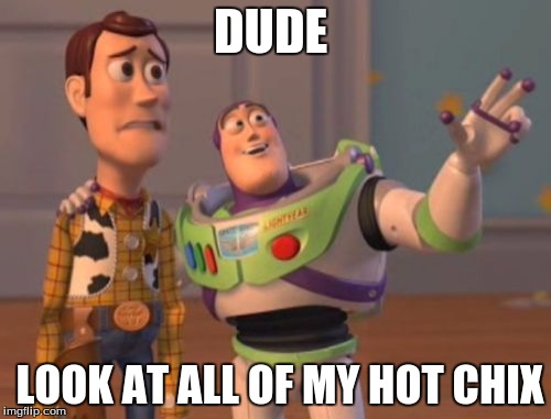 X, X Everywhere | DUDE; LOOK AT ALL OF MY HOT CHIX | image tagged in memes,x x everywhere | made w/ Imgflip meme maker