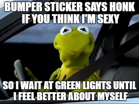 Kermit Car | BUMPER STICKER SAYS HONK IF YOU THINK I'M SEXY; SO I WAIT AT GREEN LIGHTS UNTIL I FEEL BETTER ABOUT MYSELF | image tagged in kermit car | made w/ Imgflip meme maker