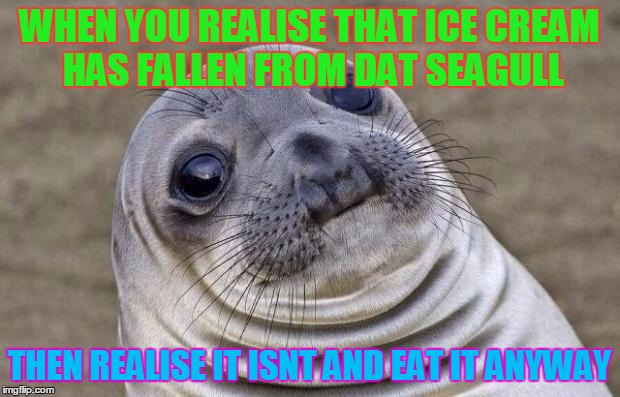 Awkward Moment Sealion | WHEN YOU REALISE THAT ICE CREAM HAS FALLEN FROM DAT SEAGULL; THEN REALISE IT ISNT AND EAT IT ANYWAY | image tagged in memes,awkward moment sealion | made w/ Imgflip meme maker
