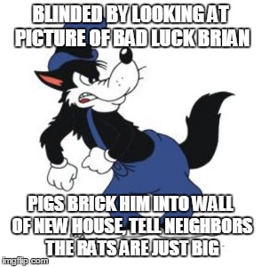 BLINDED BY LOOKING AT PICTURE OF BAD LUCK BRIAN PIGS BRICK HIM INTO WALL OF NEW HOUSE, TELL NEIGHBORS THE RATS ARE JUST BIG | made w/ Imgflip meme maker