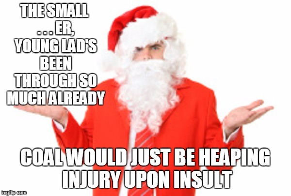 THE SMALL . . . ER, YOUNG LAD'S BEEN THROUGH SO MUCH ALREADY COAL WOULD JUST BE HEAPING INJURY UPON INSULT | made w/ Imgflip meme maker