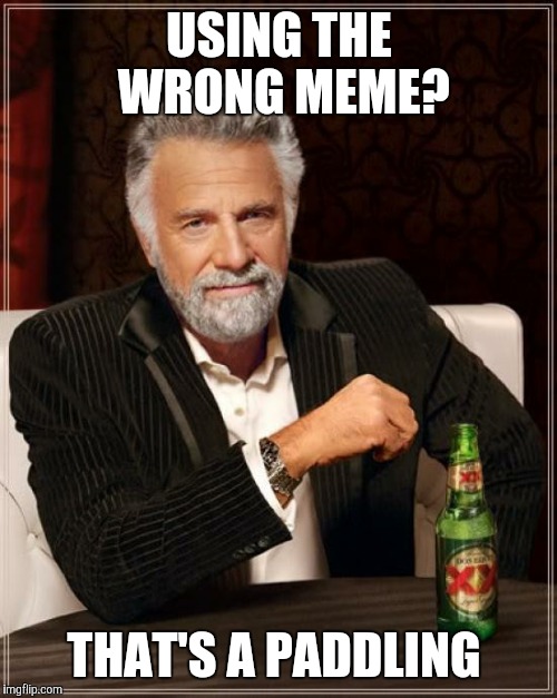 The Most Interesting Man In The World Meme | USING THE WRONG MEME? THAT'S A PADDLING | image tagged in memes,the most interesting man in the world | made w/ Imgflip meme maker