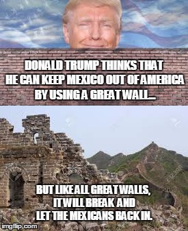 the wall!!! | DONALD TRUMP THINKS THAT HE CAN KEEP MEXICO OUT OF AMERICA BY USING A GREAT WALL... BUT LIKE ALL GREAT WALLS, IT WILL BREAK  AND LET THE MEXICANS BACK IN. | image tagged in donald trump,mexico | made w/ Imgflip meme maker