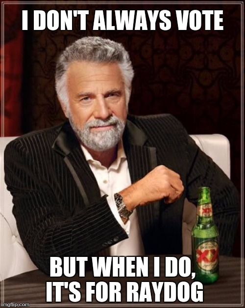 Raydog for meme pres. | I DON'T ALWAYS VOTE; BUT WHEN I DO, IT'S FOR RAYDOG | image tagged in memes,the most interesting man in the world,raydog,election | made w/ Imgflip meme maker