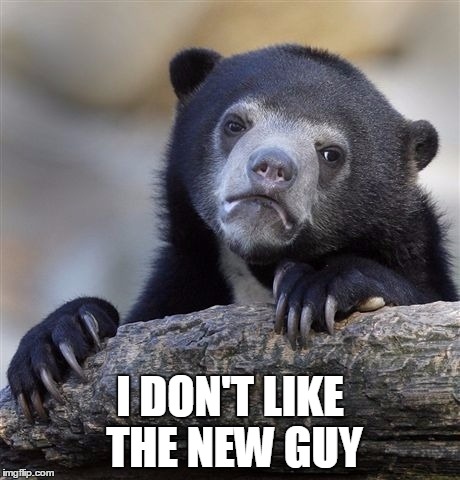 Confession Bear Meme | I DON'T LIKE THE NEW GUY | image tagged in memes,confession bear | made w/ Imgflip meme maker