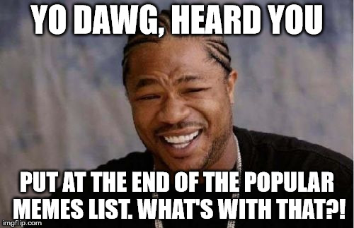 Do we have to save ANOTHER template? | YO DAWG, HEARD YOU; PUT AT THE END OF THE POPULAR MEMES LIST. WHAT'S WITH THAT?! | image tagged in memes,yo dawg heard you,aegis_runestone,darn grapes | made w/ Imgflip meme maker