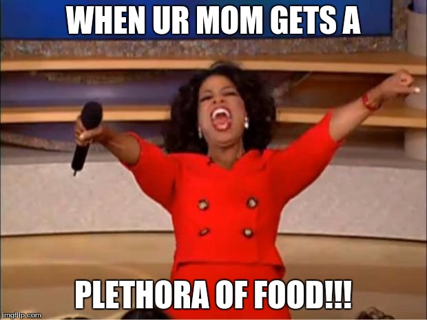 Oprah You Get A | WHEN UR MOM GETS A; PLETHORA OF FOOD!!! | image tagged in memes,oprah you get a | made w/ Imgflip meme maker