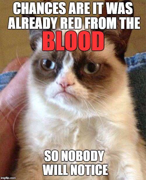 Grumpy Cat Meme | CHANCES ARE IT WAS ALREADY RED FROM THE BLOOD SO NOBODY WILL NOTICE | image tagged in memes,grumpy cat | made w/ Imgflip meme maker