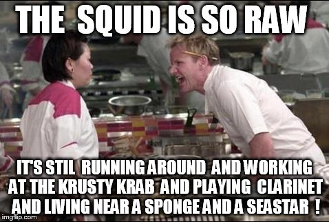 Angry Chef Gordon Ramsay | THE  SQUID IS SO RAW; IT'S STIL  RUNNING AROUND  AND WORKING AT THE KRUSTY KRAB  AND PLAYING  CLARINET AND LIVING NEAR A SPONGE AND A SEASTAR  ! | image tagged in memes,angry chef gordon ramsay | made w/ Imgflip meme maker