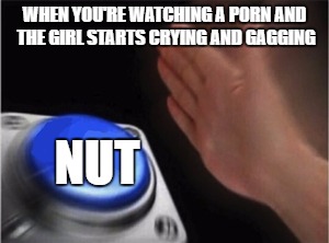 Blank Nut Button Meme | WHEN YOU'RE WATCHING A PORN AND THE GIRL STARTS CRYING AND GAGGING; NUT | image tagged in blank nut button | made w/ Imgflip meme maker