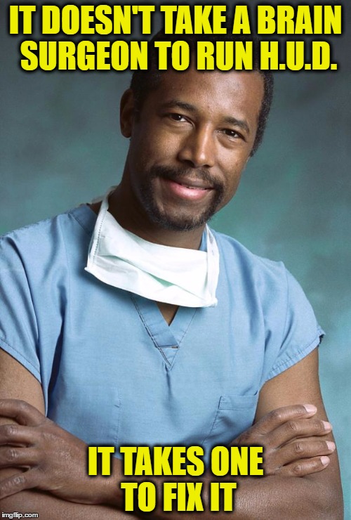 ben carson | IT DOESN'T TAKE A BRAIN SURGEON TO RUN H.U.D. IT TAKES ONE TO FIX IT | image tagged in ben carson | made w/ Imgflip meme maker