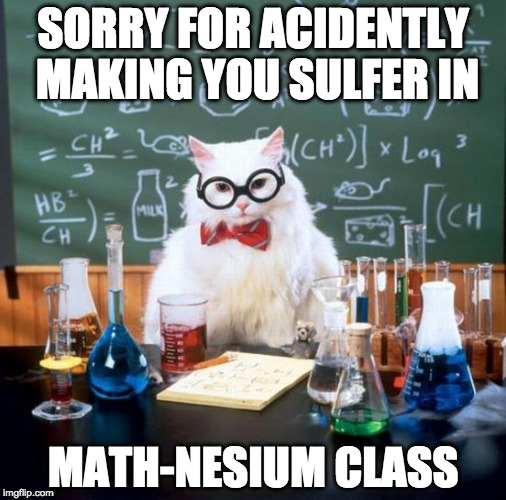 Chemistry Cat Meme | SORRY FOR ACIDENTLY MAKING YOU SULFER IN; MATH-NESIUM CLASS | image tagged in memes,chemistry cat | made w/ Imgflip meme maker