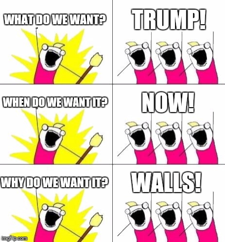 What Do We Want 3 | WHAT DO WE WANT? TRUMP! WHEN DO WE WANT IT? NOW! WHY DO WE WANT IT? WALLS! | image tagged in memes,what do we want 3 | made w/ Imgflip meme maker