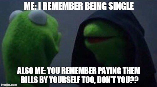 kermit me to me | ME: I REMEMBER BEING SINGLE; ALSO ME: YOU REMEMBER PAYING THEM BILLS BY YOURSELF TOO, DON'T YOU?? | image tagged in kermit me to me | made w/ Imgflip meme maker