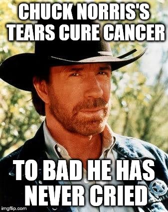 Chuck Norris | CHUCK NORRIS'S TEARS CURE CANCER; TO BAD HE HAS NEVER CRIED | image tagged in chuck norris | made w/ Imgflip meme maker