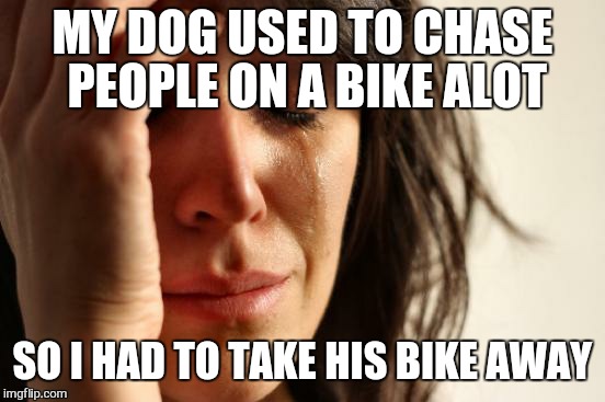 First World Problems | MY DOG USED TO CHASE PEOPLE ON A BIKE ALOT; SO I HAD TO TAKE HIS BIKE AWAY | image tagged in memes,first world problems,bike | made w/ Imgflip meme maker