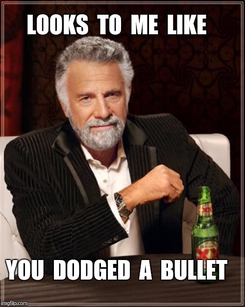 The Most Interesting Man In The World Meme | LOOKS  TO  ME  LIKE YOU  DODGED  A  BULLET | image tagged in memes,the most interesting man in the world | made w/ Imgflip meme maker