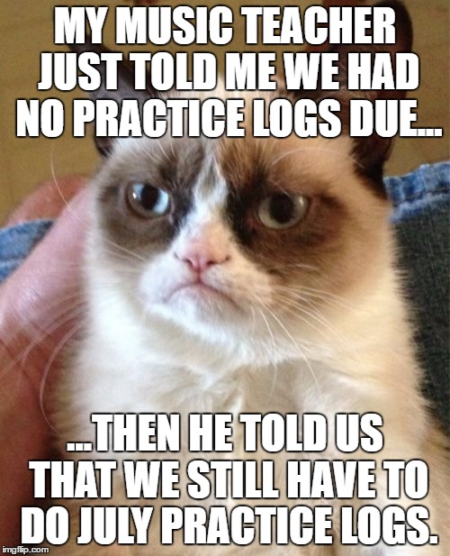 When all things were going well... | MY MUSIC TEACHER JUST TOLD ME WE HAD NO PRACTICE LOGS DUE... ...THEN HE TOLD US THAT WE STILL HAVE TO DO JULY PRACTICE LOGS. | image tagged in memes,grumpy cat | made w/ Imgflip meme maker