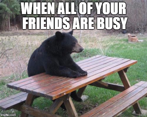 Bad Luck Bear | WHEN ALL OF YOUR FRIENDS ARE BUSY | image tagged in memes,bad luck bear | made w/ Imgflip meme maker